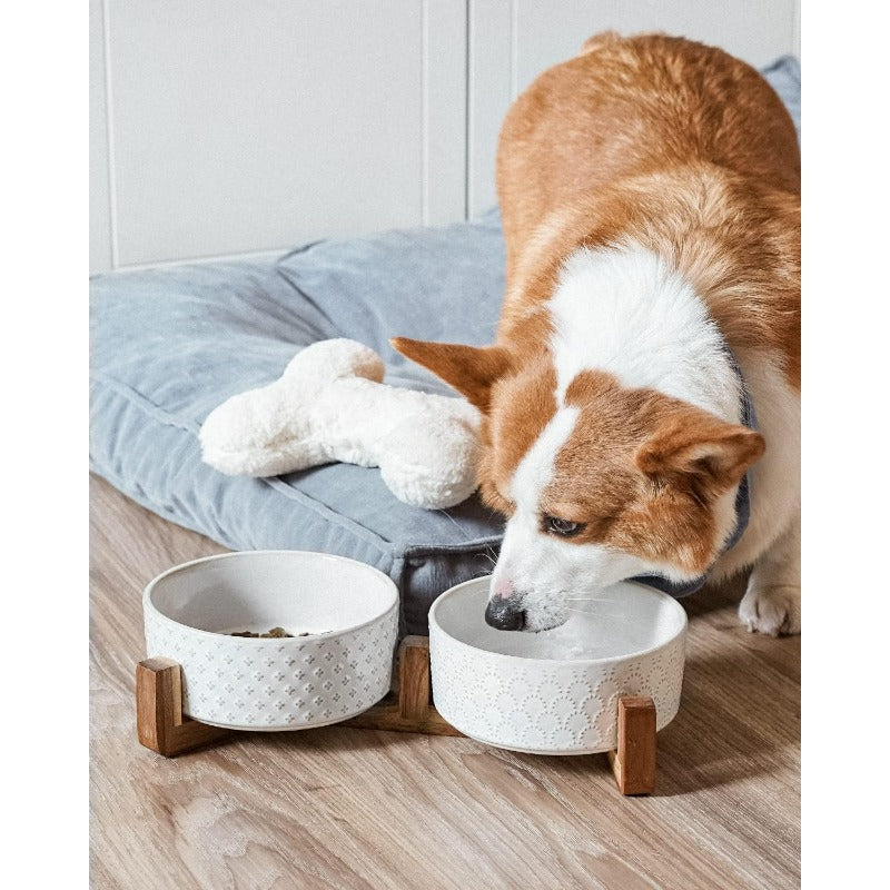 Ceramic Dog Bowls Set with Acacia Stand - 3 Cups for Small Pets